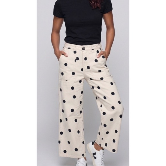 Who What Wear Pants - Who What Wear Cream Wide-Leg Polka Dot Pants with Black Dots